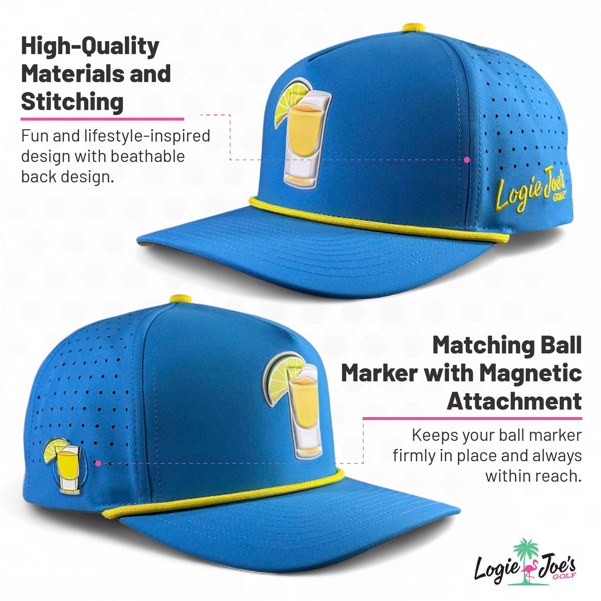 Water Ball Golf Hat | Snapback Cap | Built-in Magnetic Ball Marker Holder + Marker Included | Adjustable Blue