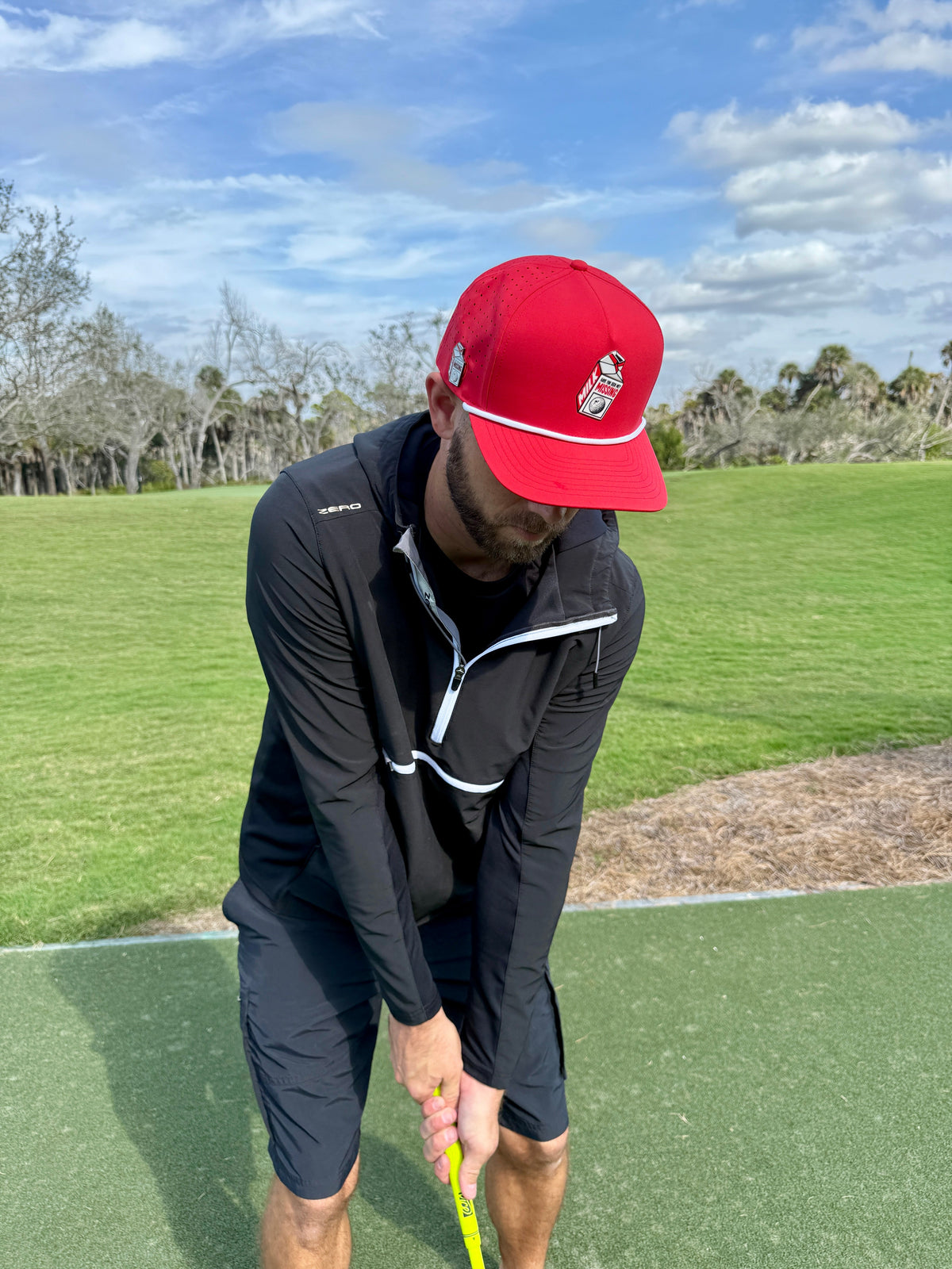 Missing Milk Golf Hat | Snapback Cap | Built-in Magnetic Ball Marker Holder + Marker Included | Missing Golf Ball | Adjustable Red