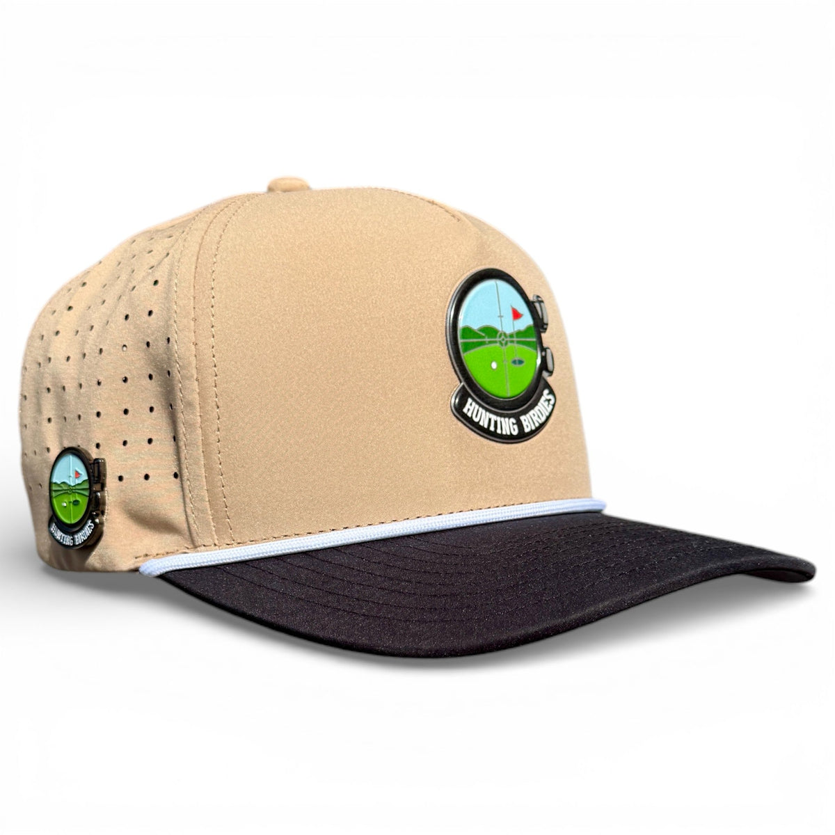 Hunting Birdies Golf Hat | Snapback Cap | Built-in Magnetic Ball Marker Holder + Marker Included | Adjustable Tan & Black