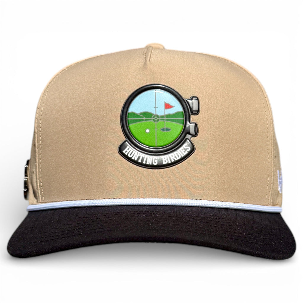 Hunting Birdies Golf Hat | Snapback Cap | Built-in Magnetic Ball Marker Holder + Marker Included | Adjustable Tan & Black